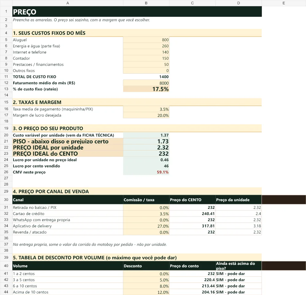 Tela real da planilha de preço por cento